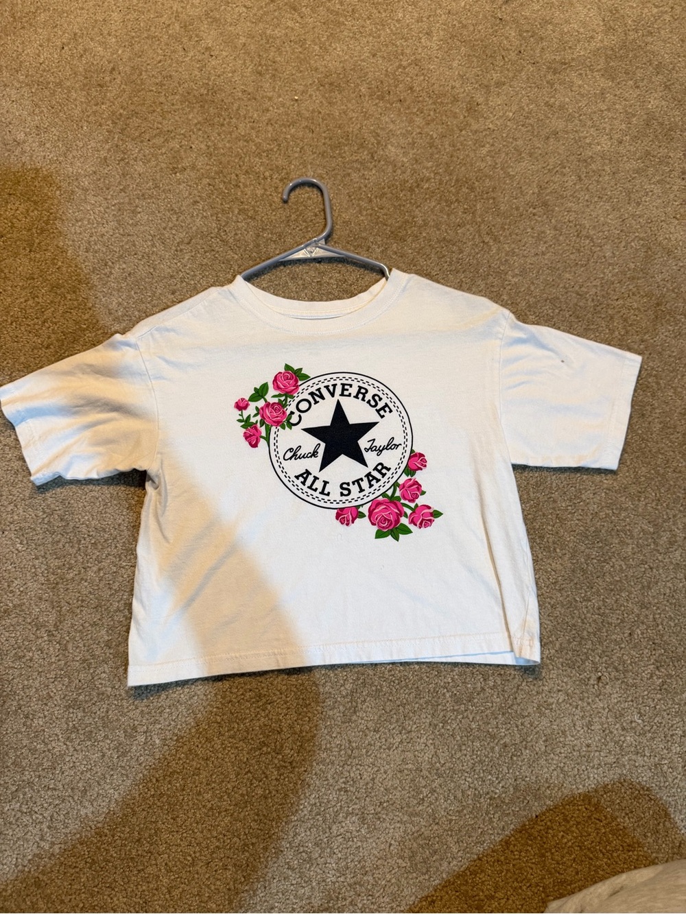 Converse Cropped White Tee with Pink Rose Floral All Star Logo